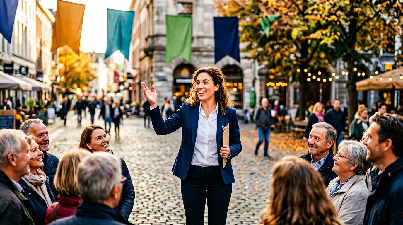 Femme en costume bleu harangue une foule urbaine