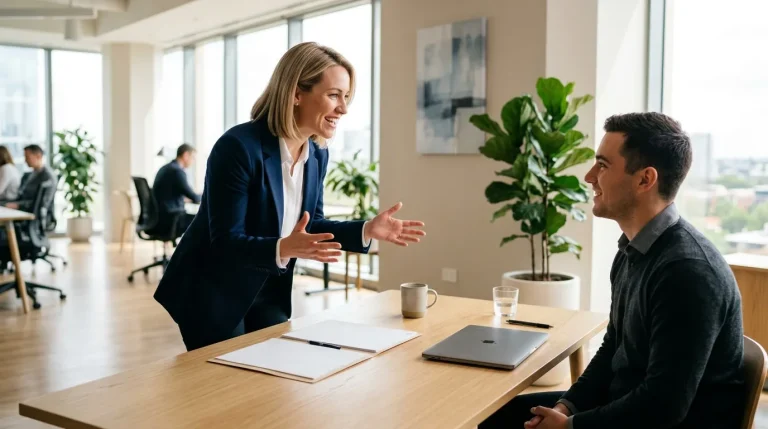 Femme en blazer bleu discute avec homme assis à table
