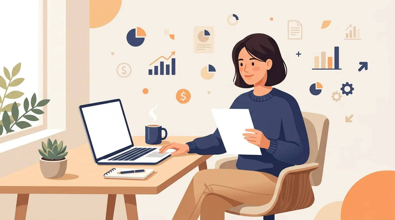 Femme au bureau analysant des graphiques et donn&eacute;es financi&egrave;res