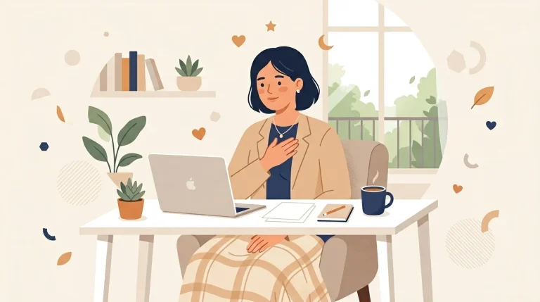Femme au bureau avec laptop, plantes et café