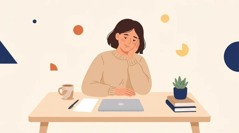 Femme souriante assise à un bureau avec laptop et café