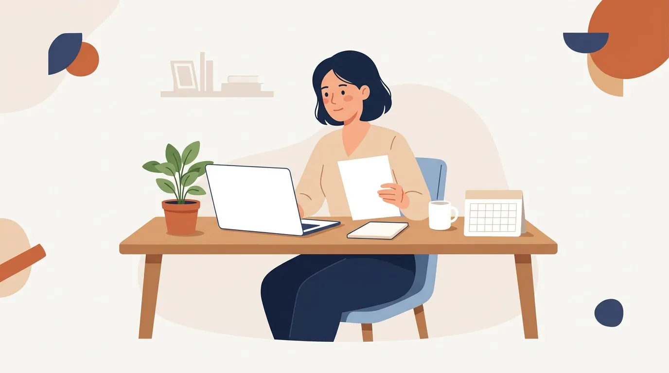 Femme assise à un bureau avec ordinateur portable et documents
