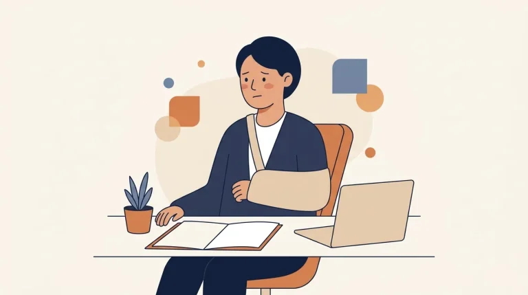Femme au bureau avec bras cassé utilisant ordinateur portable