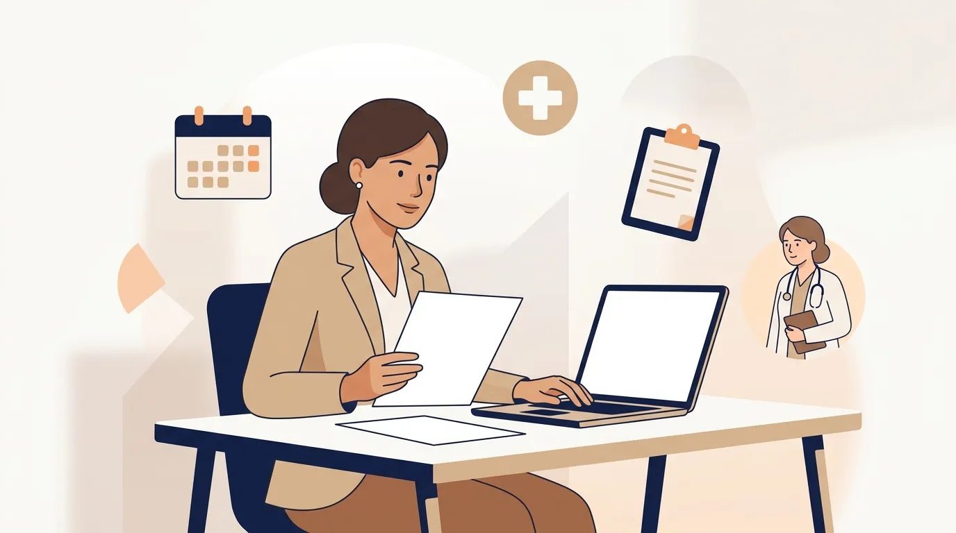 Femme travaillant sur ordinateur avec ic&ocirc;nes m&eacute;dicales et administratives