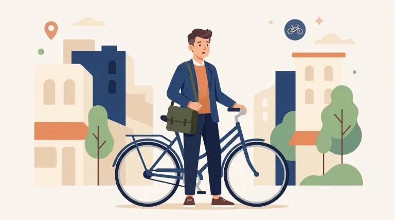 Homme avec vélo et sac dans une rue urbaine