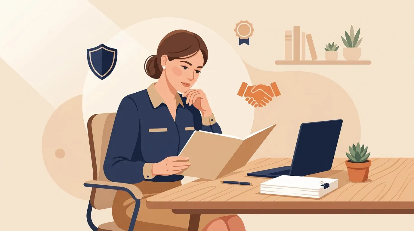 Femme en tenue professionnelle travaillant sur documents et ordinateur