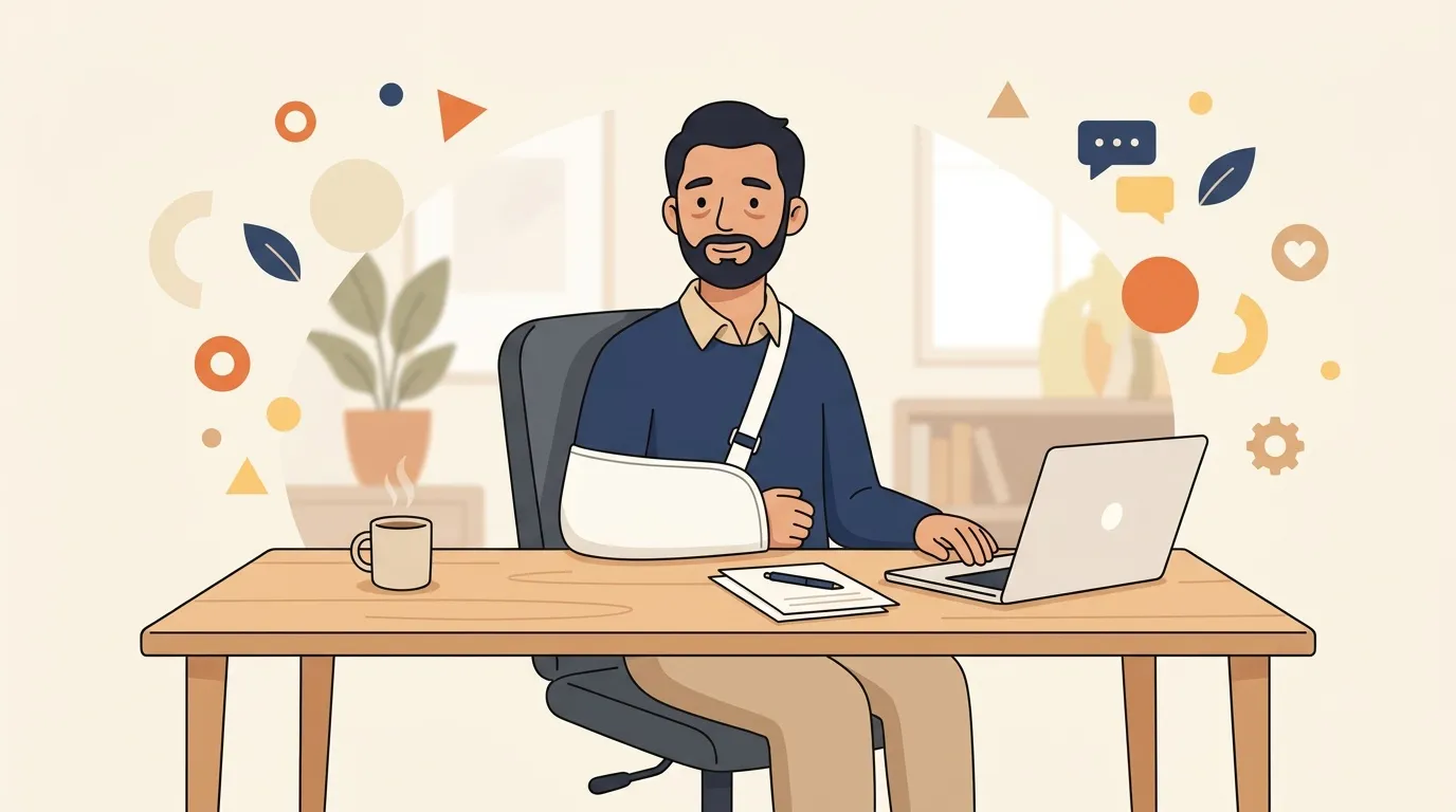 Homme au bureau avec ordinateur portable et bras cassé