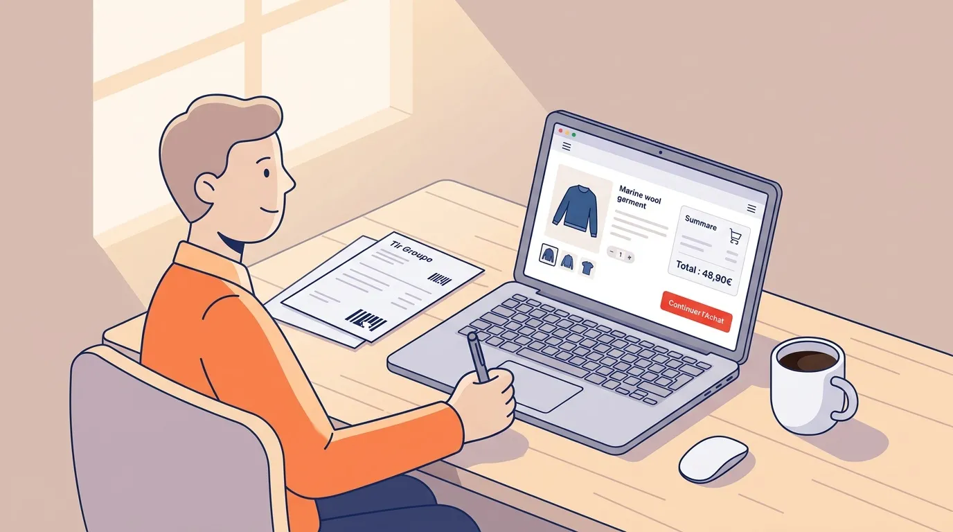 Homme achète un pull laine marine sur son ordinateur portable