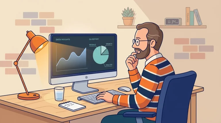 Homme analysant rapport financier sur ordinateur au bureau