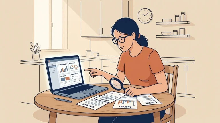 Femme examine documents financiers avec loupe et ordinateur