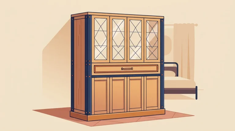 Meuble armoire en bois avec portes vitrées et tiroir central