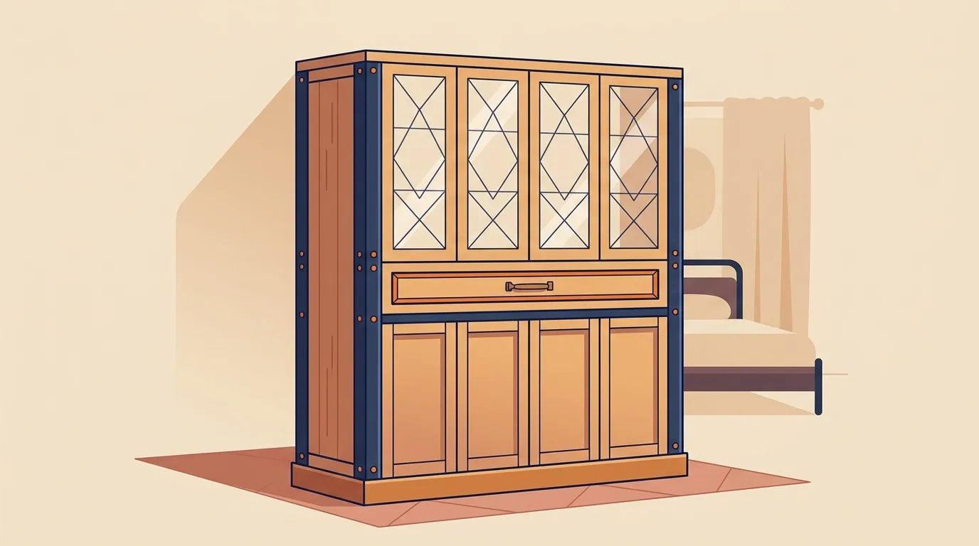 Meuble armoire en bois avec portes vitrées et tiroir central