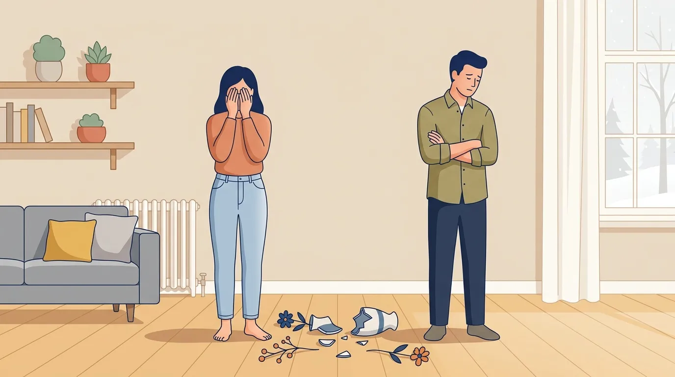 Femme triste et homme distant face à des vases cassés