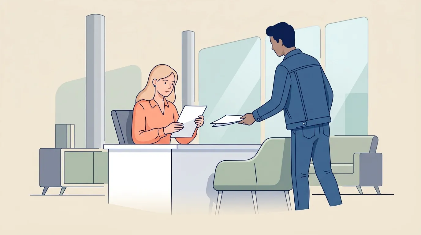 Femme assise à un bureau reçoit un candidat avec documents