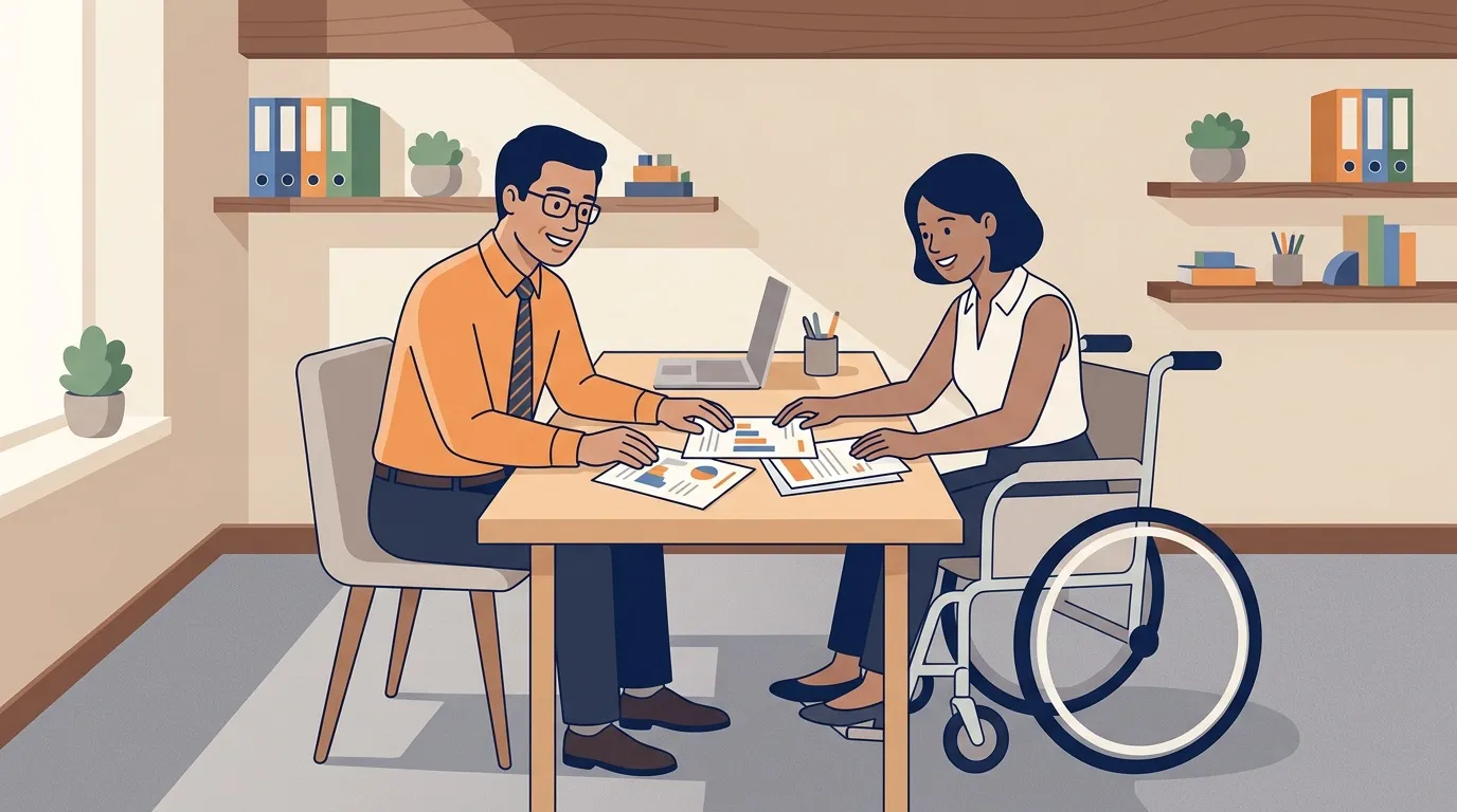 Deux professionnels discutent documents à table, femme en fauteuil roulant