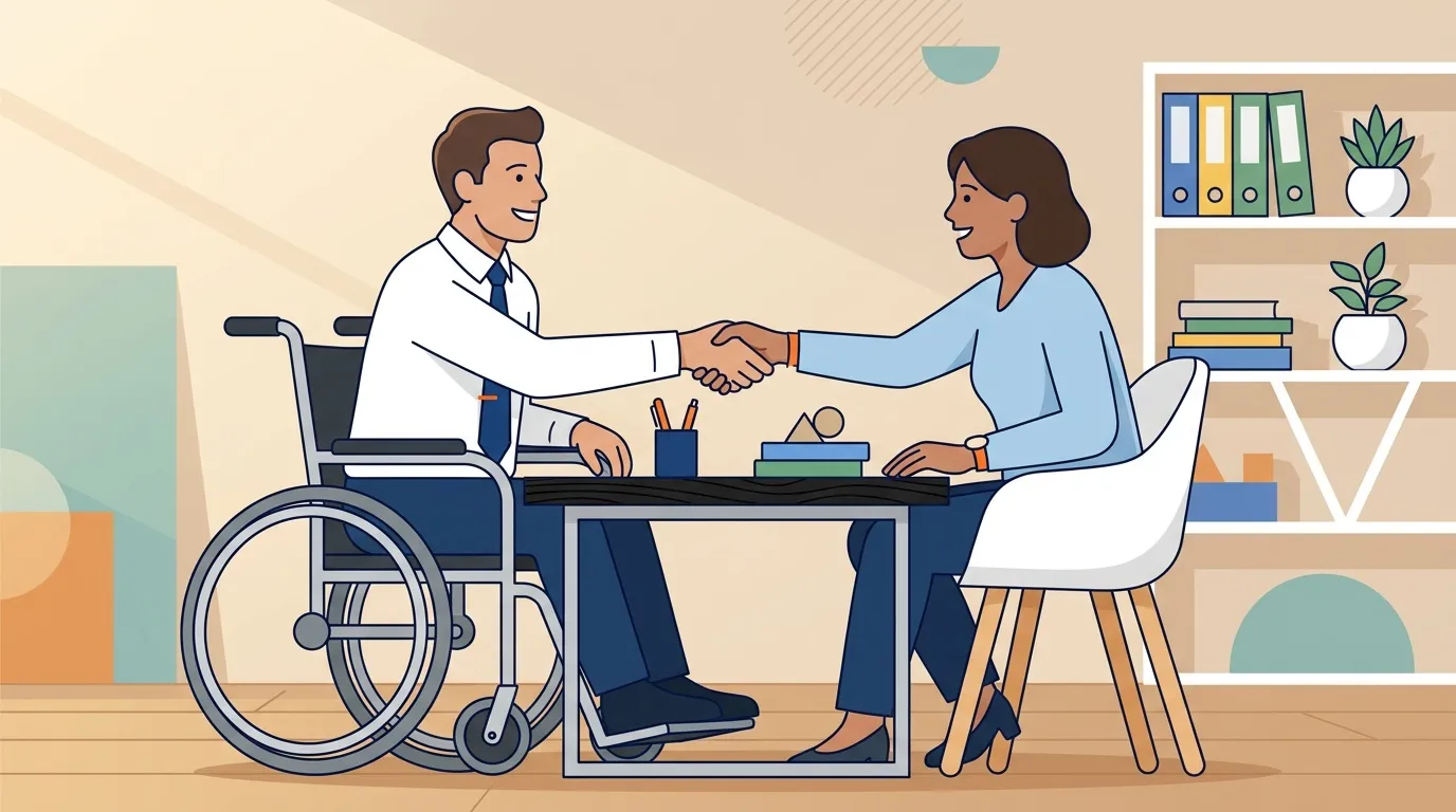 Homme en fauteuil roulant serrant la main d'une femme à son bureau
