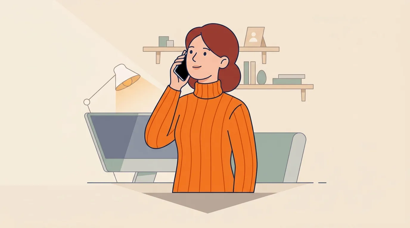 Femme en pull orange parlant au téléphone à son bureau