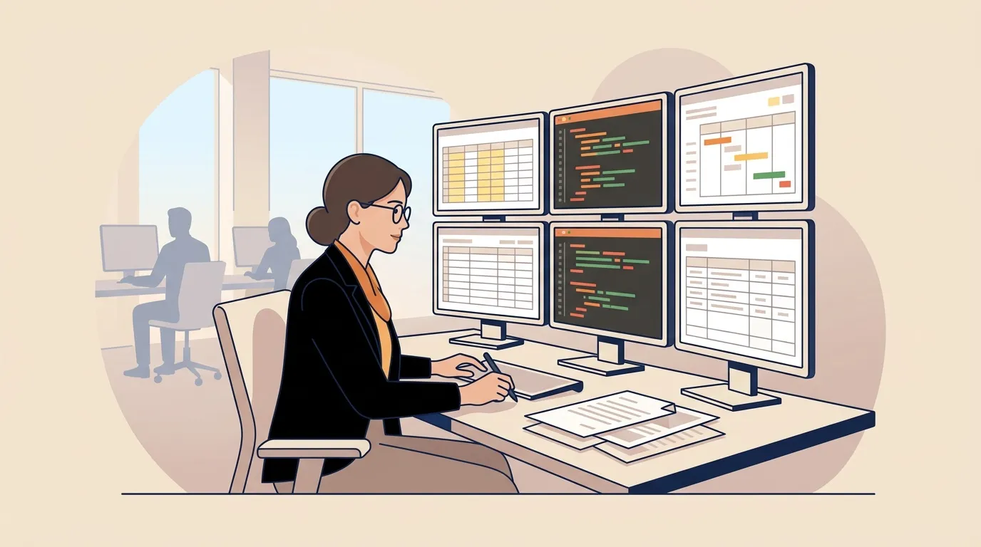 Femme analyste travaillant sur plusieurs écrans de graphiques et plannings