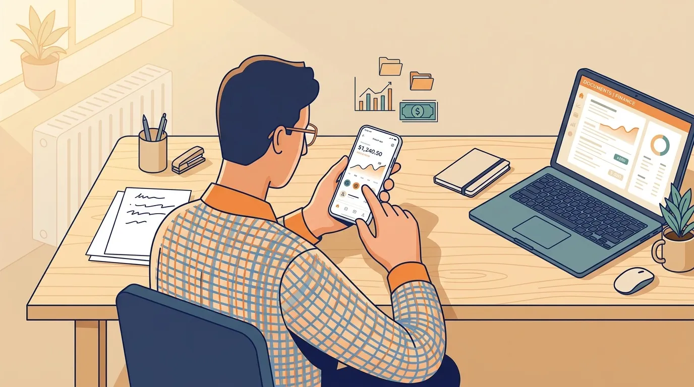 Homme vérifiant ses finances sur smartphone au bureau