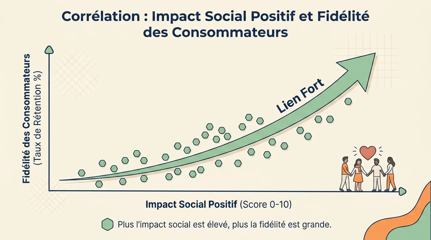 Graphique montrant corrélation positive entre impact social positif et fidélité consommateurs.