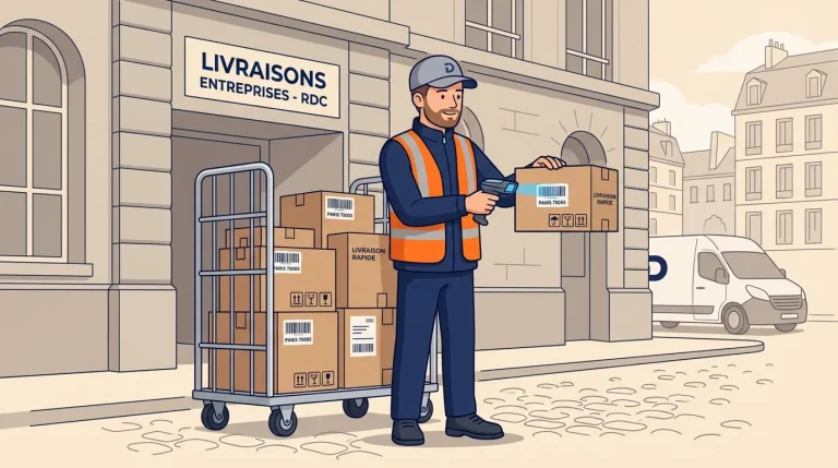 Livreur scannant un colis devant un entrepôt