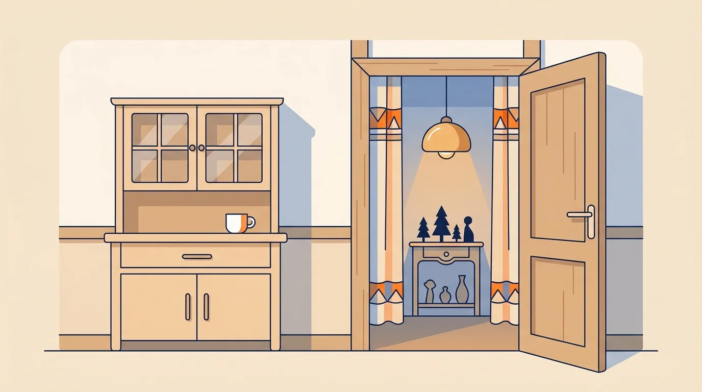 Illustration maison ouverte montrant cuisine et salon décorés