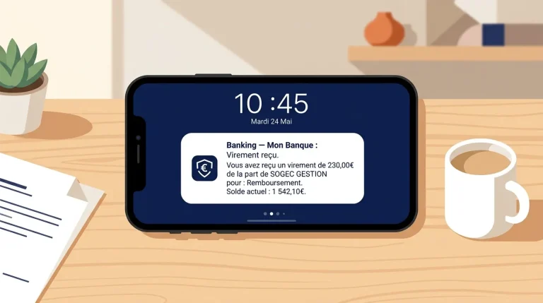 Téléphone affichant notification bancaire de 230€ reçus