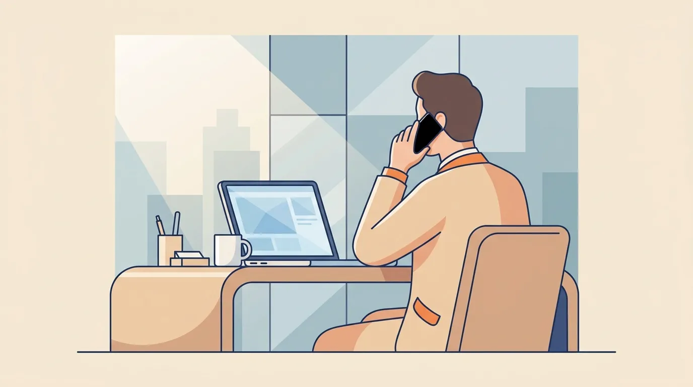 Homme au bureau parlant au téléphone devant son ordinateur
