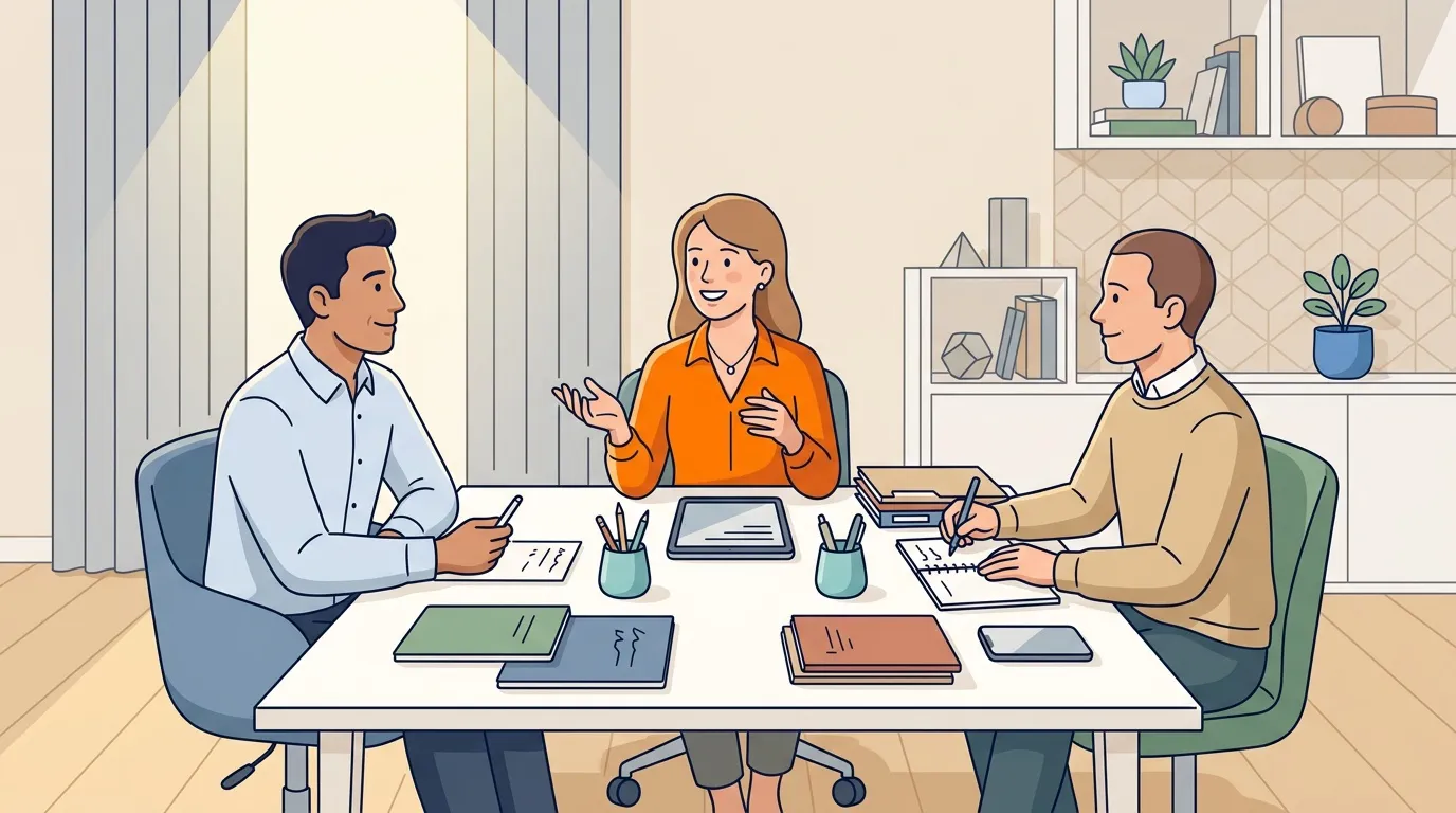 Trois professionnels en r&eacute;union autour d'une table de travail