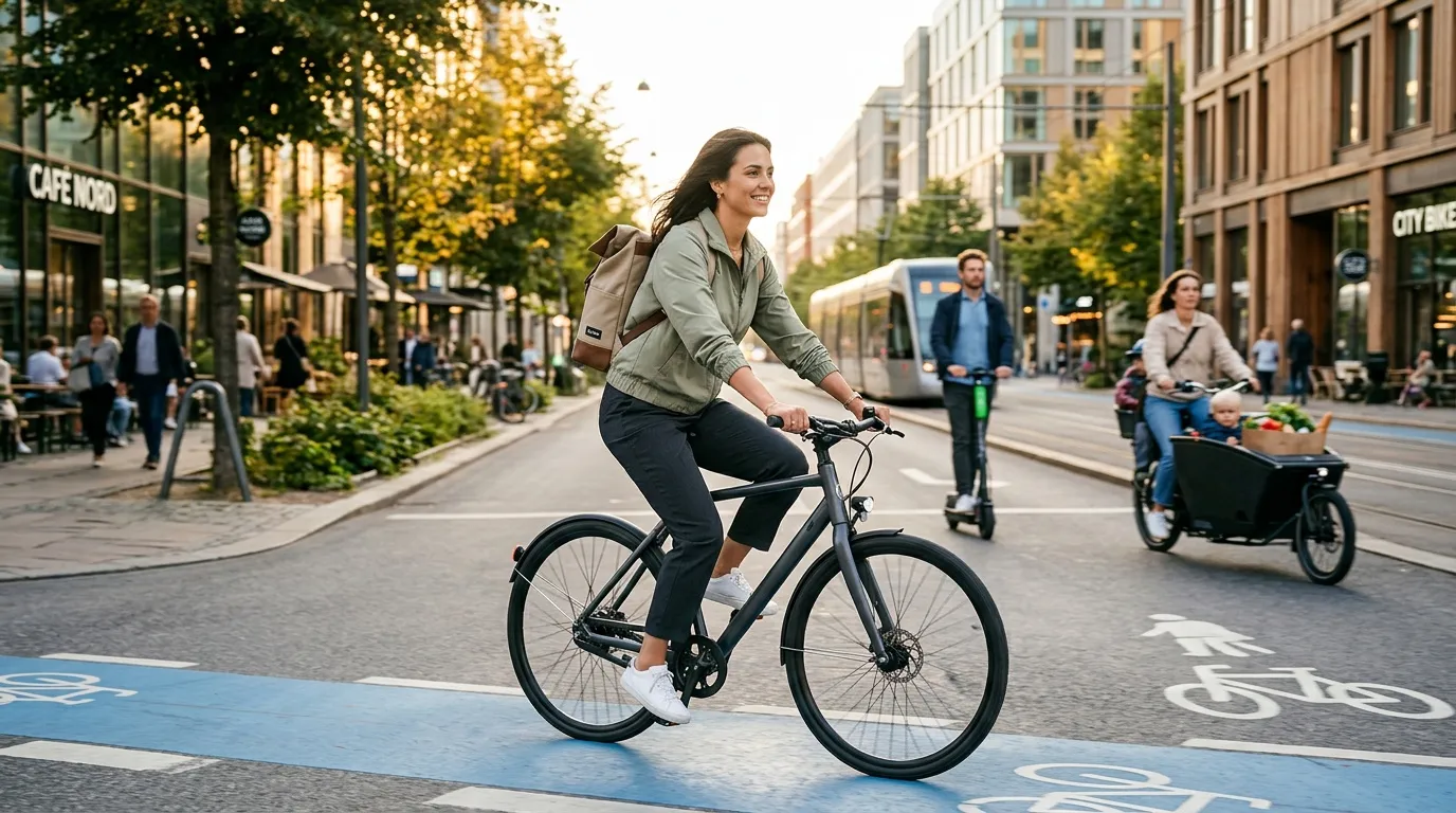 Femme à vélo sur piste cyclable en zone urbaine piétonne