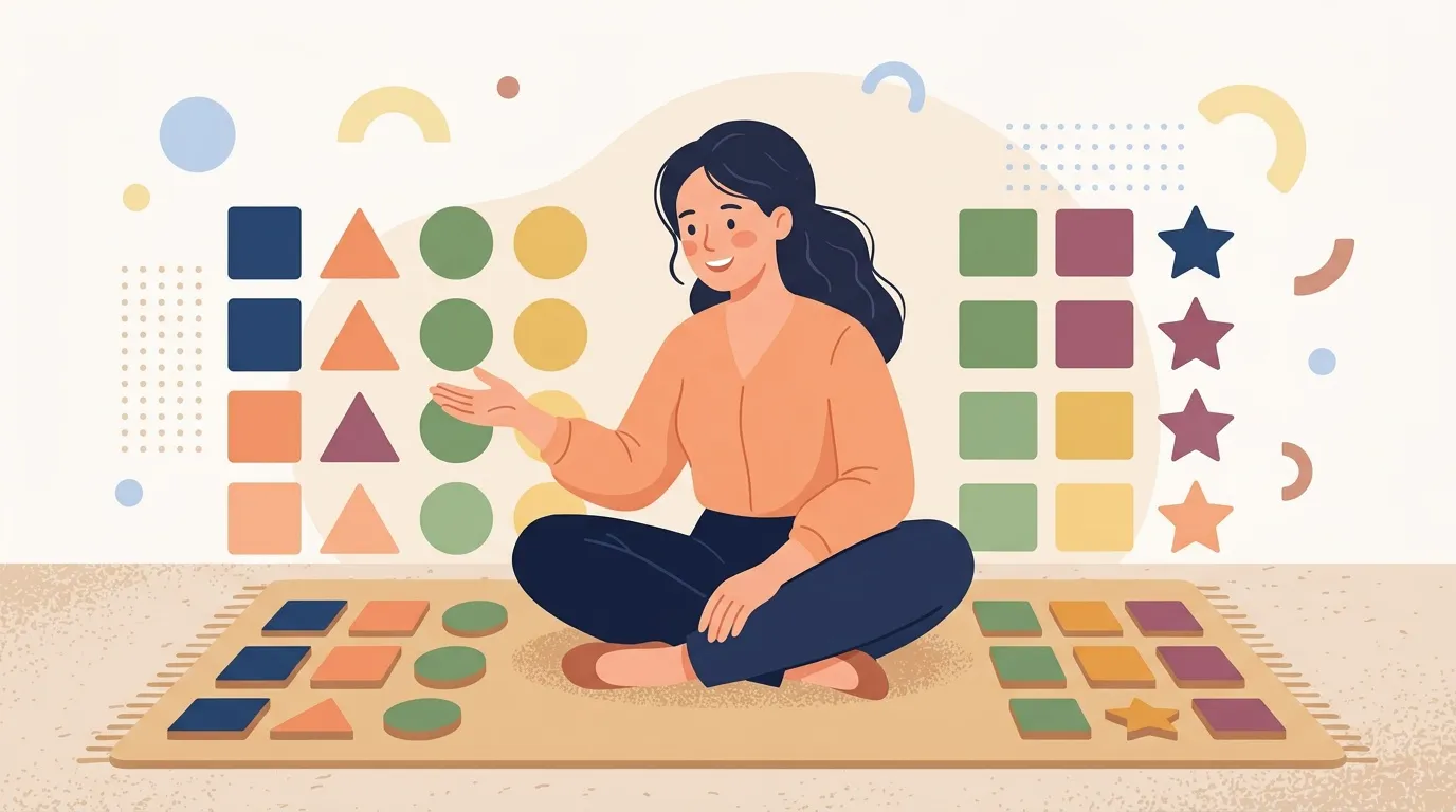 Femme enseignant les formes géométriques colorées aux enfants