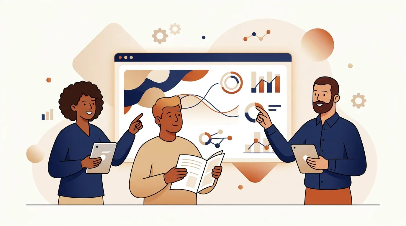 Trois professionnels discutent autour d'&eacute;crans affichant graphiques analytiques