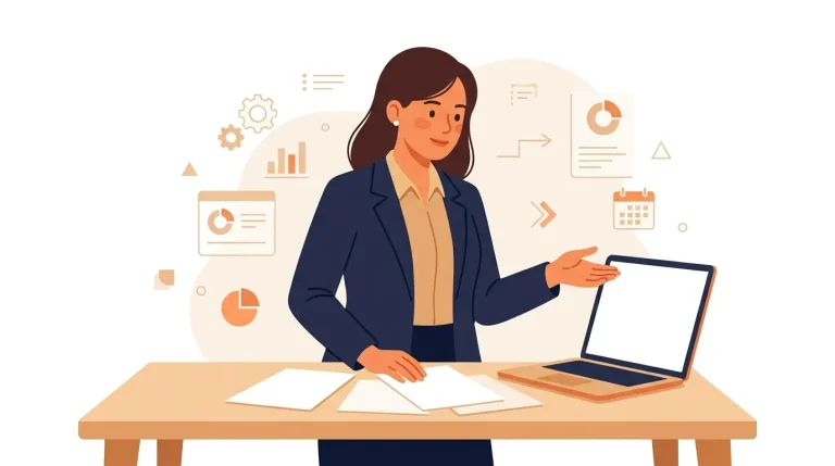 Femme au bureau avec ordinateur et documents financiers