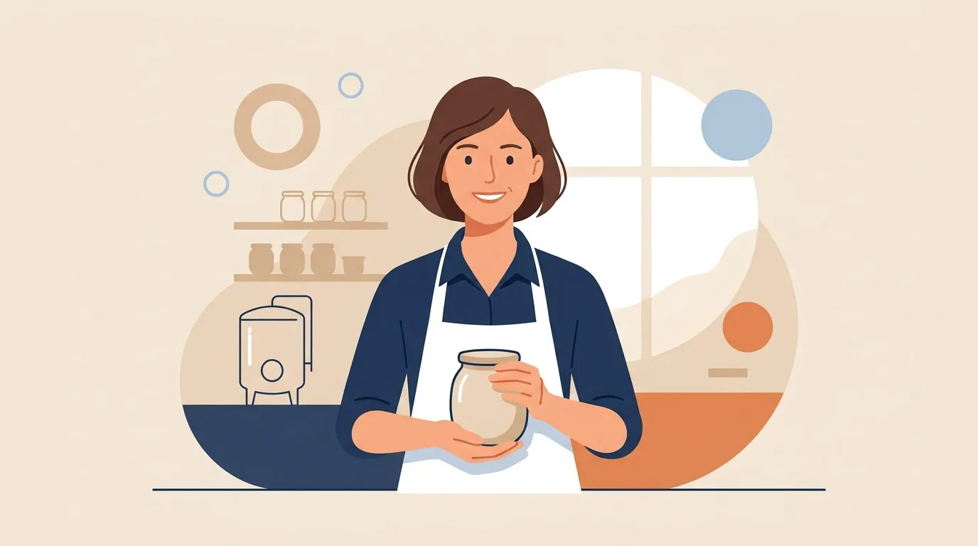 Femme souriante tenant un pot de conserve en cuisine