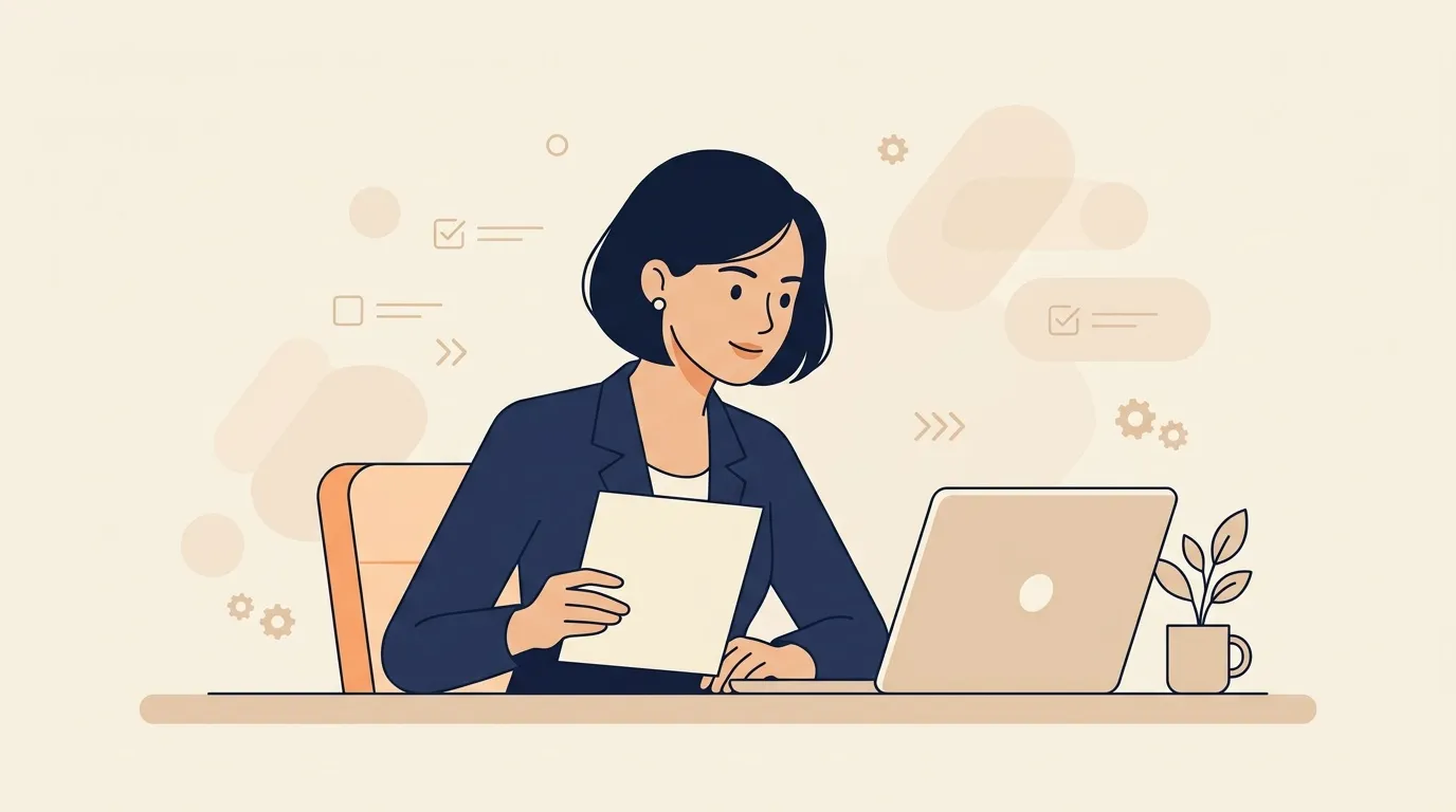 Femme en blazer travaillant sur ordinateur portable avec documents