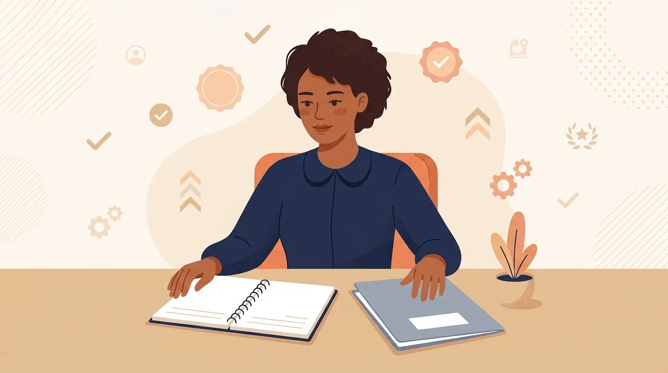 Femme assise à son bureau avec des documents et des symboles de productivité