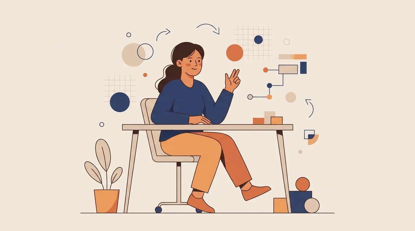 Femme assise au bureau entour&eacute;e d'&eacute;l&eacute;ments de design graphique