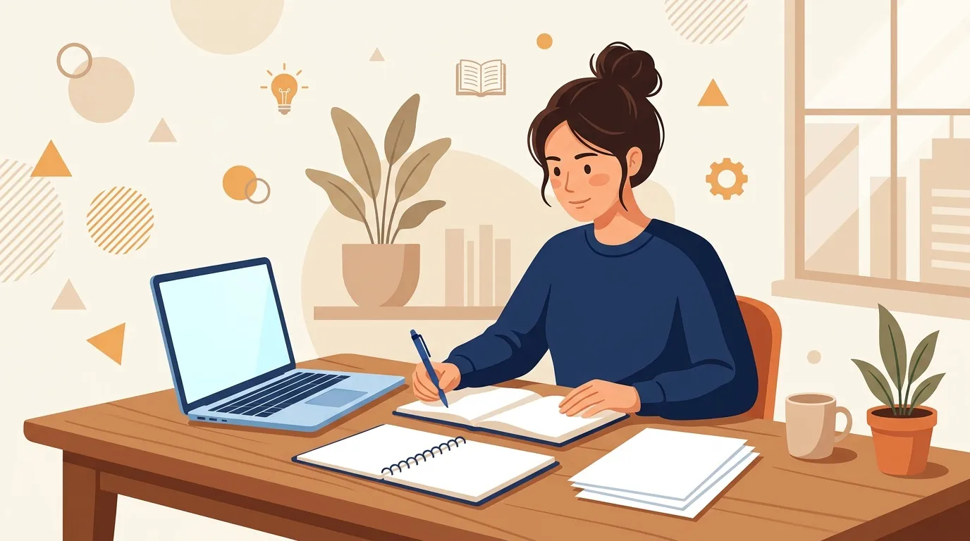 Femme écrivant à son bureau avec ordinateur portable