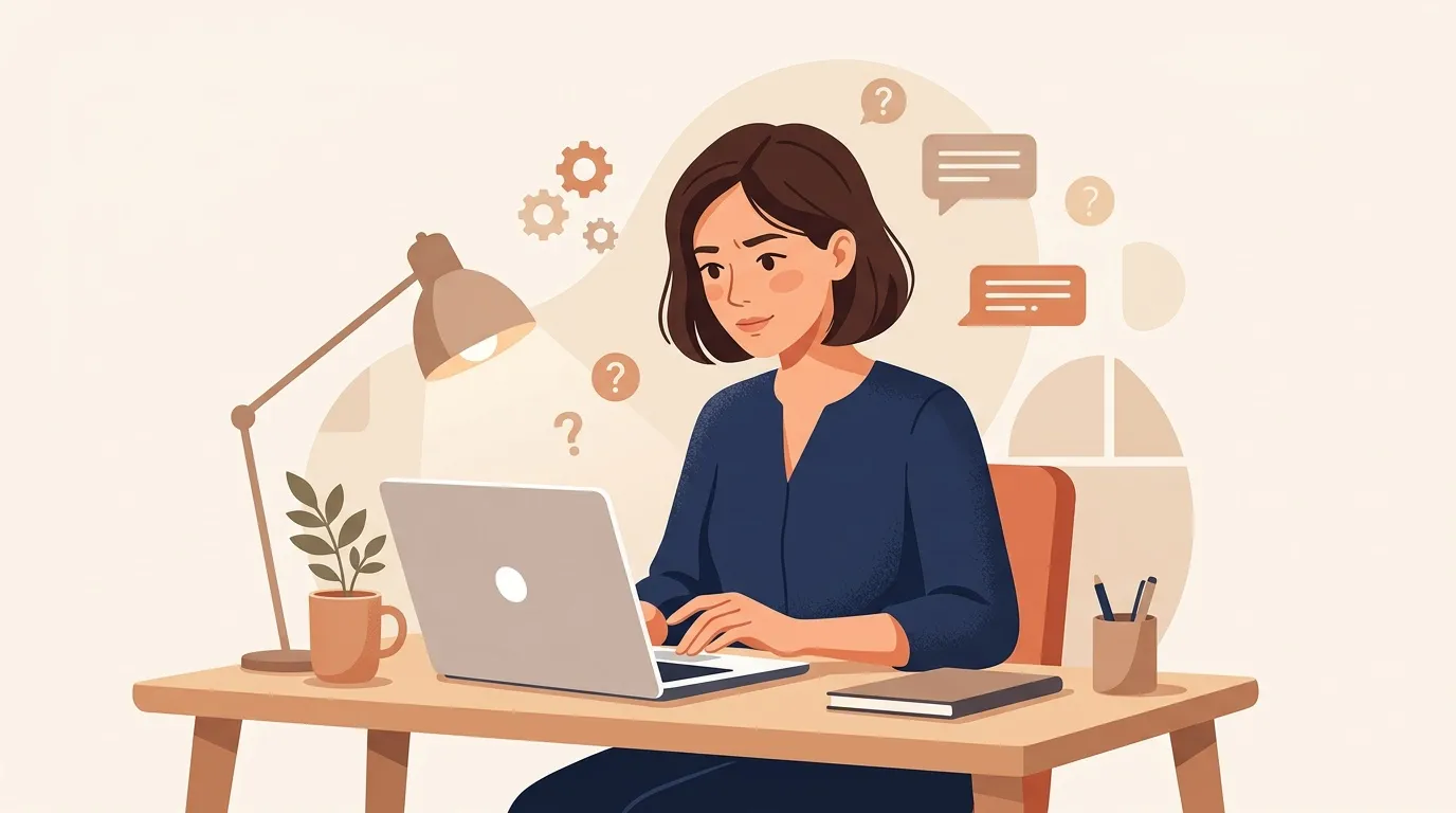 Femme au bureau travaillant sur laptop avec questions