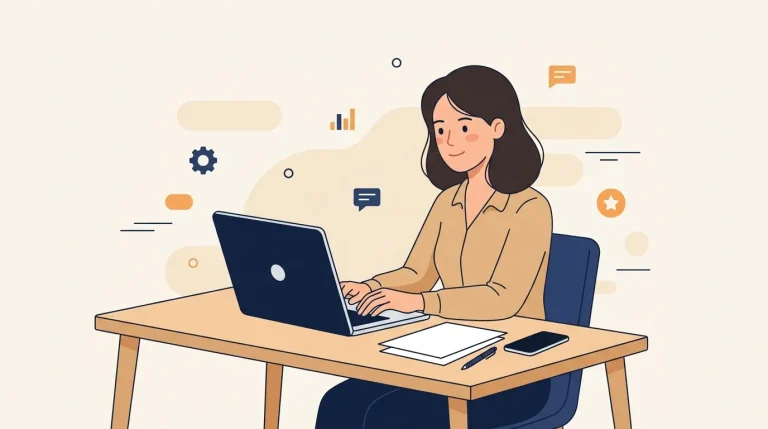 Femme assise à un bureau travaillant sur un ordinateur portable