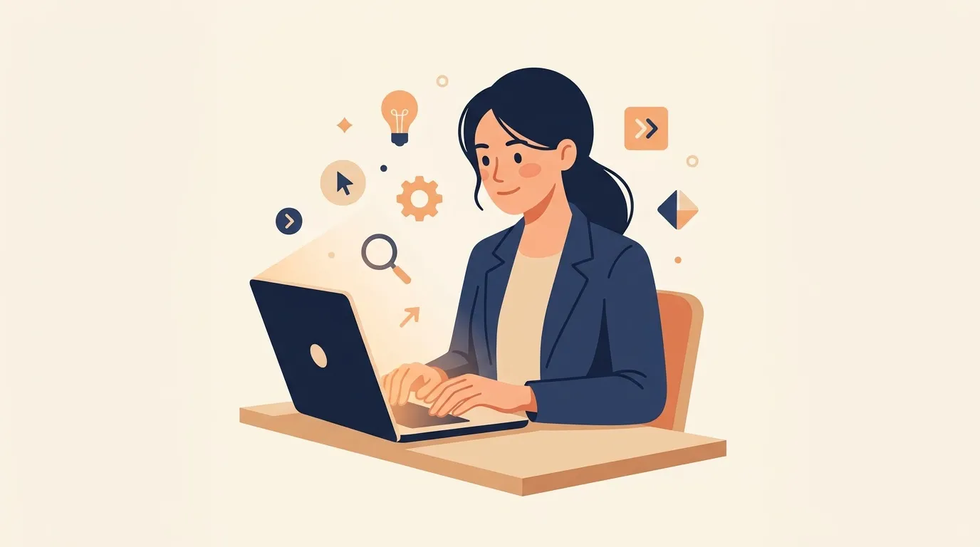 Femme en blazer bleu travaillant sur laptop avec icônes numériques