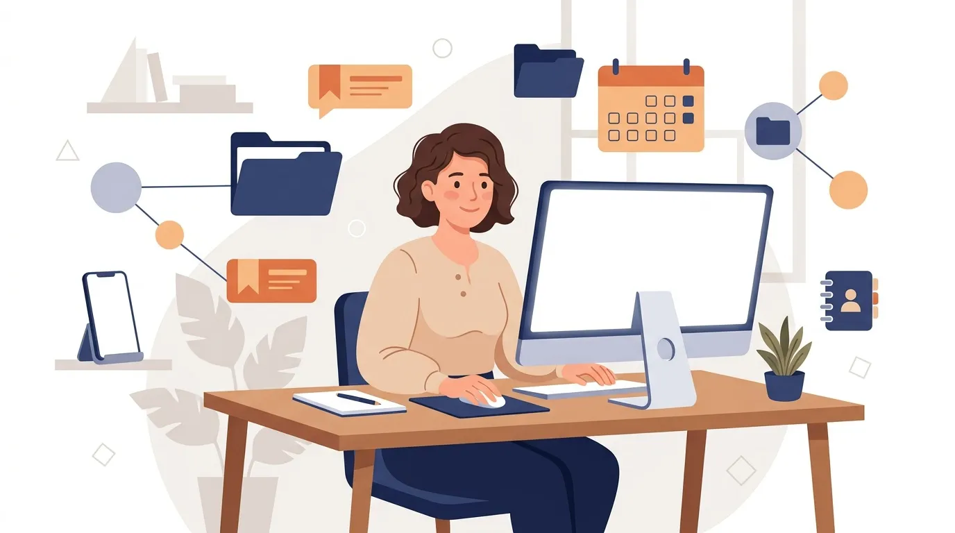 Femme travaillant &agrave; son bureau avec outils num&eacute;riques organis&eacute;s