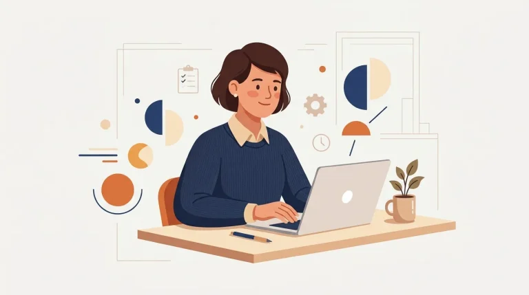 Femme travaillant sur ordinateur portable avec outils de productivité