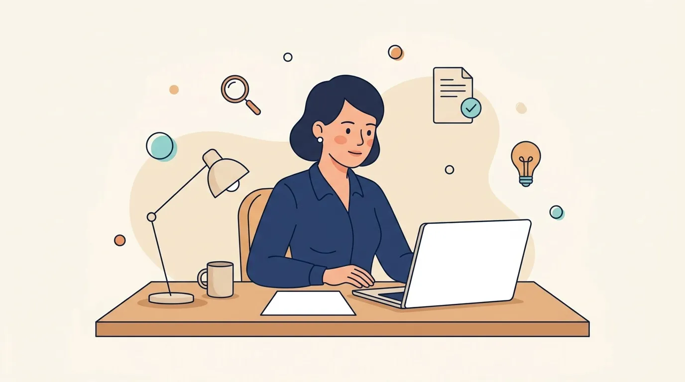 Femme travaillant sur ordinateur portable au bureau avec symboles créatifs