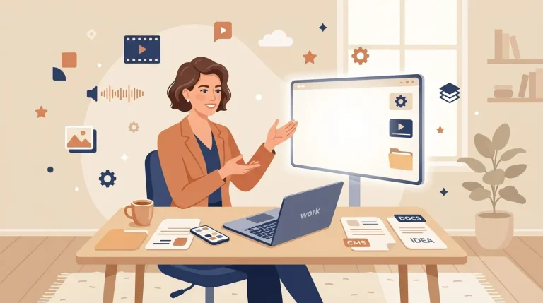 Femme travaillant sur ordinateur avec applications numériques