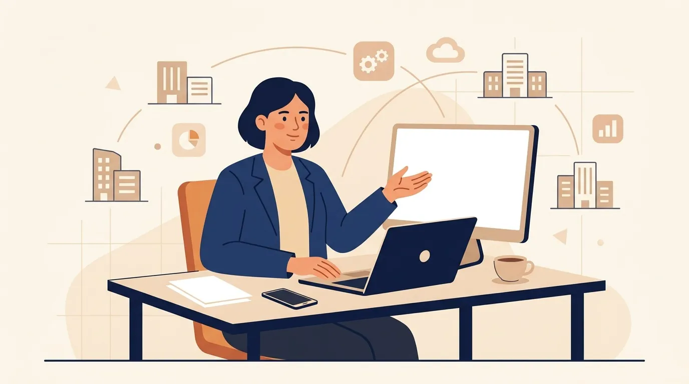 Femme d'affaires &agrave; son bureau avec ordinateur et &eacute;cran