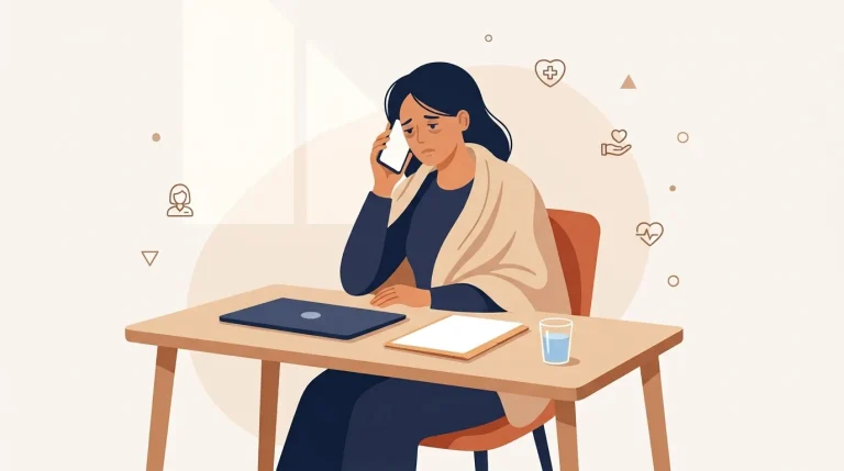 Femme assise au bureau téléphonant avec laptop