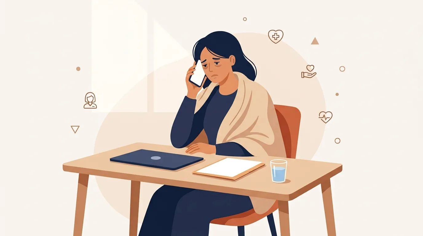 Femme assise au bureau téléphonant avec laptop