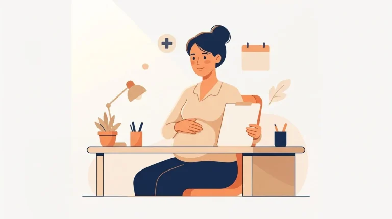 Femme enceinte assise à son bureau avec clipboard et ordinateur
