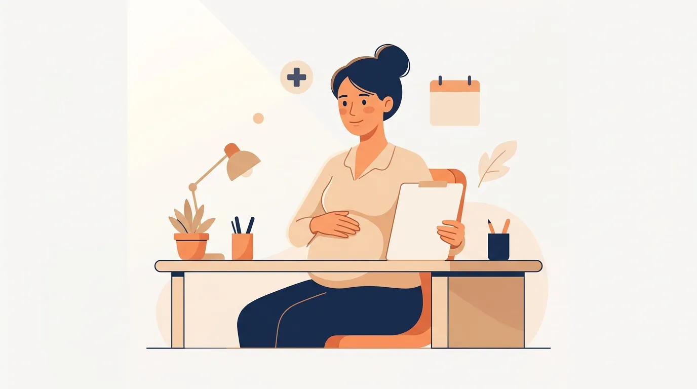Femme enceinte assise à son bureau avec clipboard et ordinateur